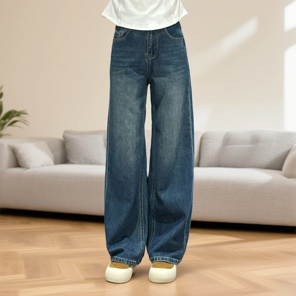 宿慕SUMU舒适薄绒牛仔阔腿裤2025新款秋冬显瘦牛仔裤长裤子32950