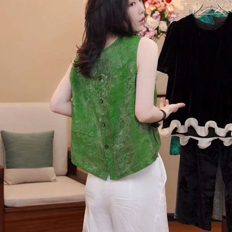 后背纽扣绿色无袖衬衫女轻奢高级感2025新款提花新中式国风上衣女