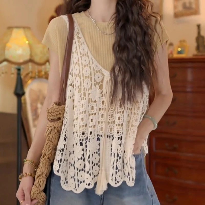 【雪枝映金】复古港风假俩件夏季短袖T恤休闲上衣LK2504987