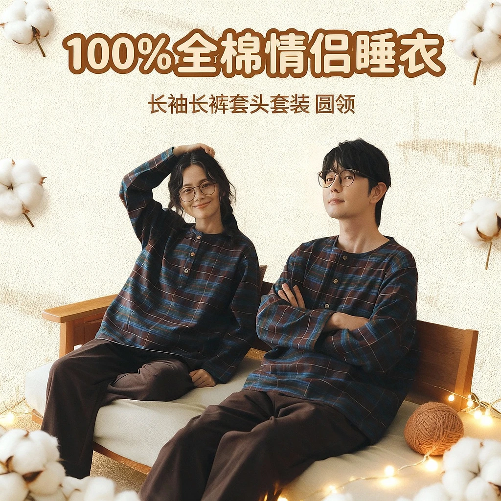 【段姐家居服】全棉磨毛咖色情侣款圆领套头秋冬长袖睡衣套装简约