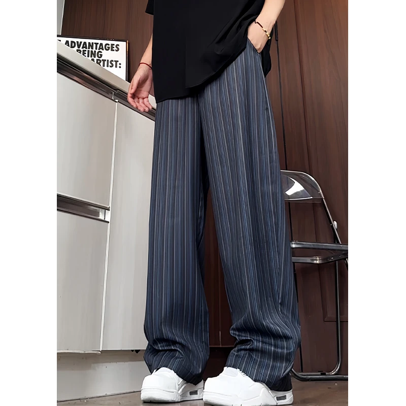 新款老钱风垂感休闲裤男设计感条纹直筒裤阔腿裤弯刀裤宽松复古潮