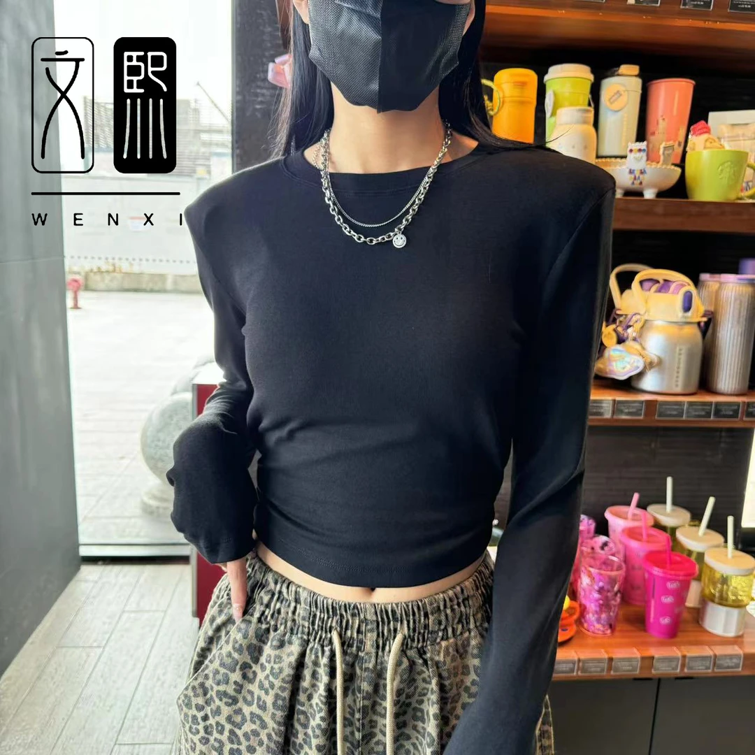 内搭长袖百搭黑色修身圆领纯色T恤女秋冬时尚套头显瘦打底衫女
