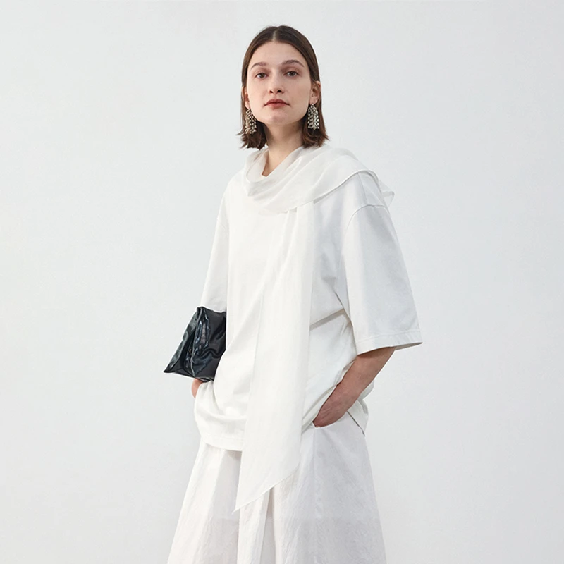 BLUEWEDIAN2025夏季后飘带廓形圆领T恤女简约百搭棉上衣休闲T恤