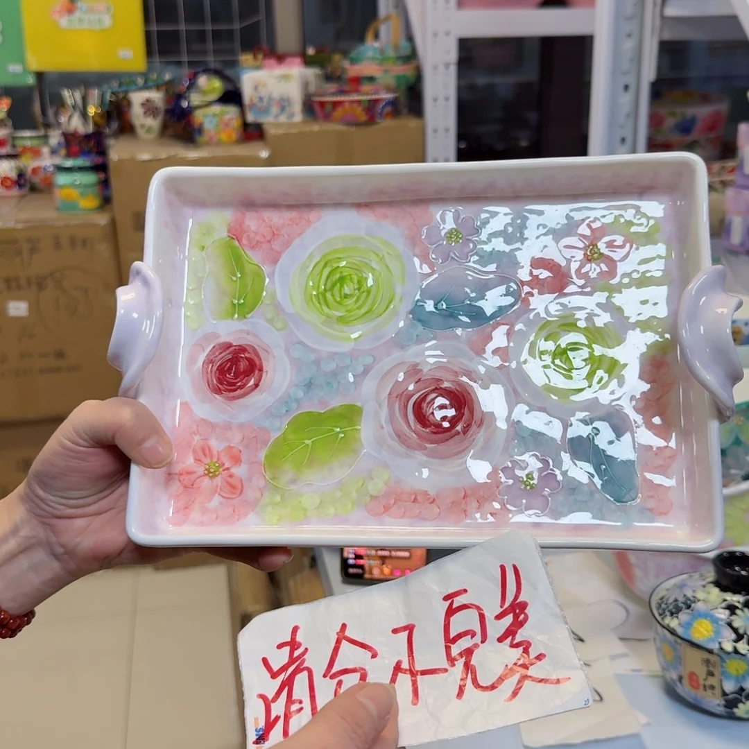 瓷片清仓玫瑰双耳烤盘一只