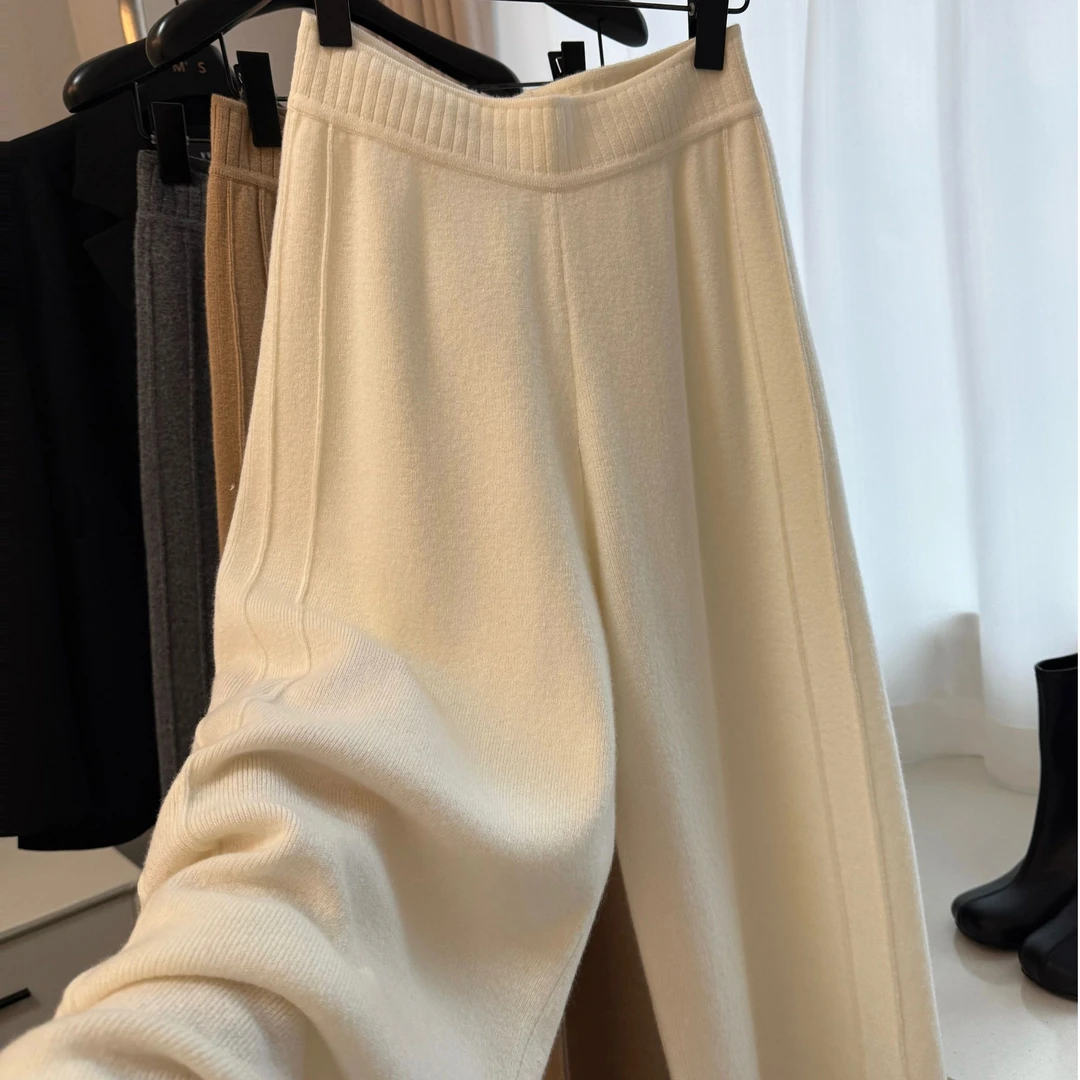 2025早秋显瘦针织阔腿裤女高腰垂感款式加厚松紧腰拖地长裤外穿