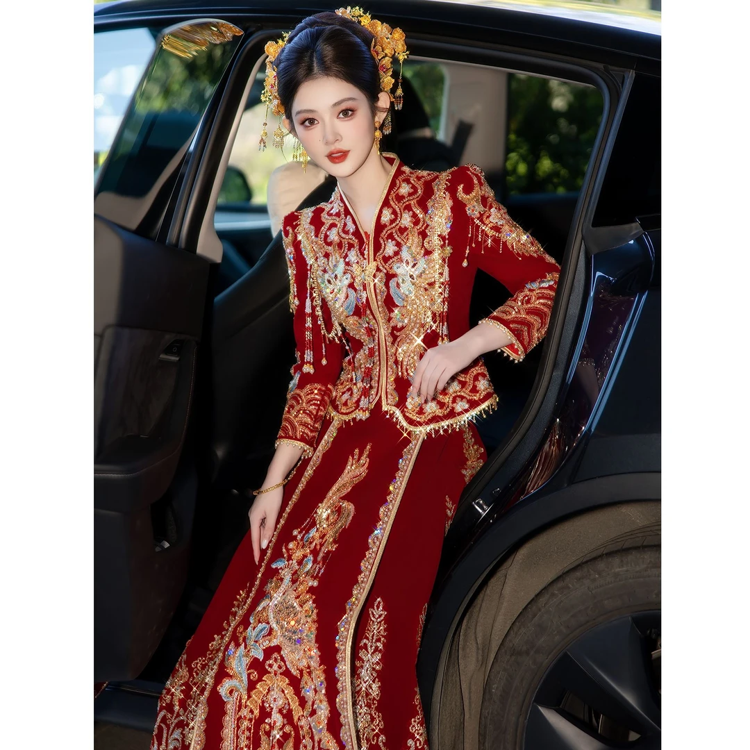 结婚秀禾服2025冬款重工丝绒新娘秀禾服中式嫁衣民族风出阁龙凤褂