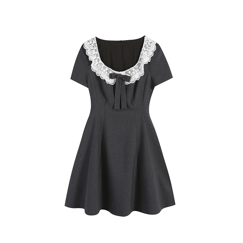 鹿鹿-气质蕾丝小黑裙显瘦大码黑灰色连衣裙 WP9717