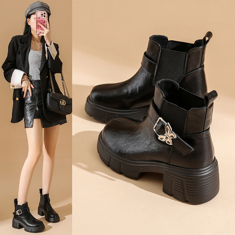 厚底英伦风马丁靴女秋冬季新款软古短靴小个子增高加绒百搭棉靴女