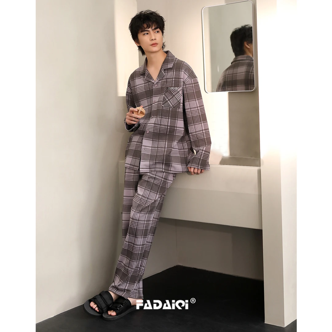 法黛琪睡衣男士春秋季2025新款抗菌长袖开衫格子可外穿家居服
