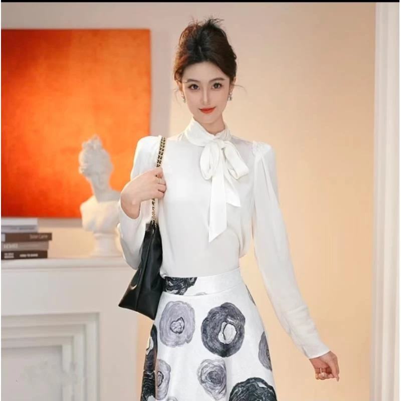 【商场同款】春季气质新款百搭时尚飘带雪纺长袖衬衫摩登猫530025