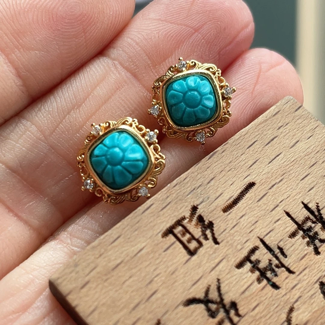 绿松石银S925镶嵌耳饰