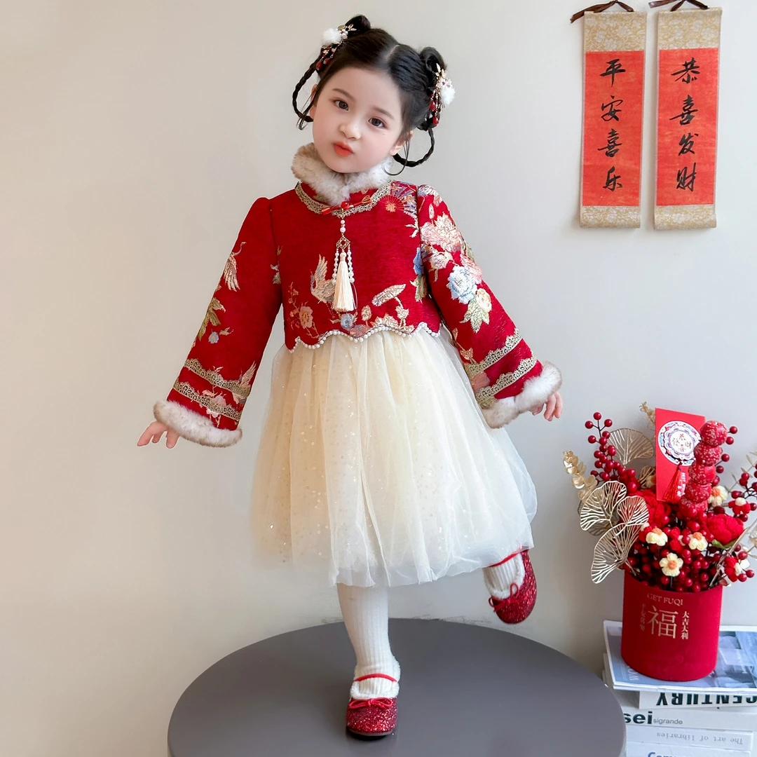 女童中国风加绒连衣裙冬季儿童网纱旗袍裙红色长袖中长公主裙冬装