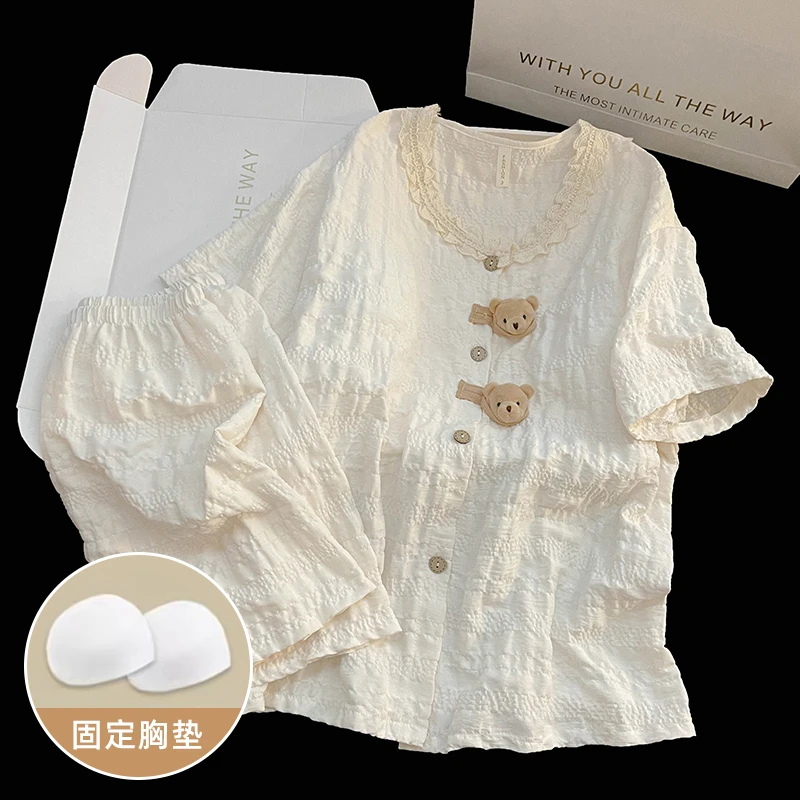 带胸垫花边小熊睡衣女夏季简约韩版宽松薄款可外穿短袖家居服套装