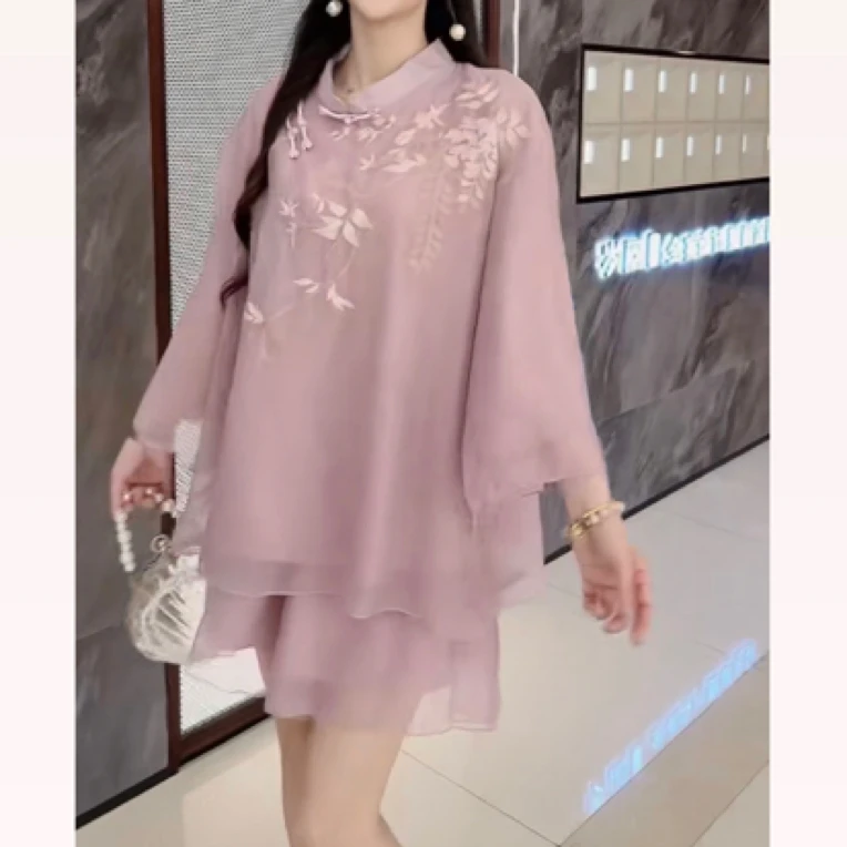 清苍价~深圳2556新中式重工刺绣套装上衣+短裤裙两件套