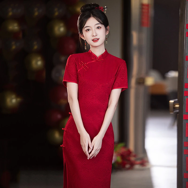 红色国风中长改良旗袍2025新款女中式复古敬酒服结婚订婚礼服夏季