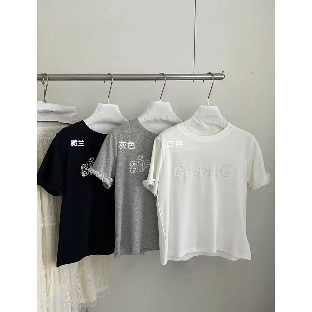 温柔甜美减龄蕾丝拼接短袖T恤9003 衣长55