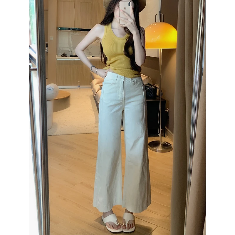 弹力九分白色直筒牛仔裤女2025冬季新款高腰宽松显瘦休闲垂感裤子