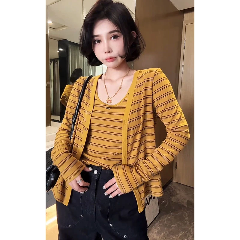 欧洲站撞色条纹叠穿真两件T恤2025秋季新款时尚减龄气质百搭上衣