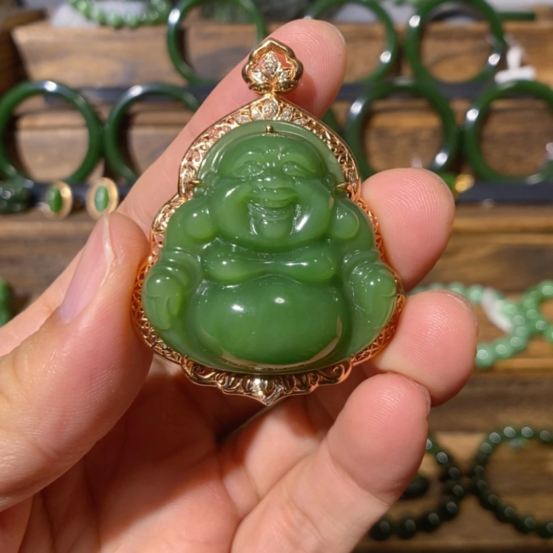 【闪购商品】和田玉18K金镶嵌吊坠(不含链)俄料阳绿佛公37/16