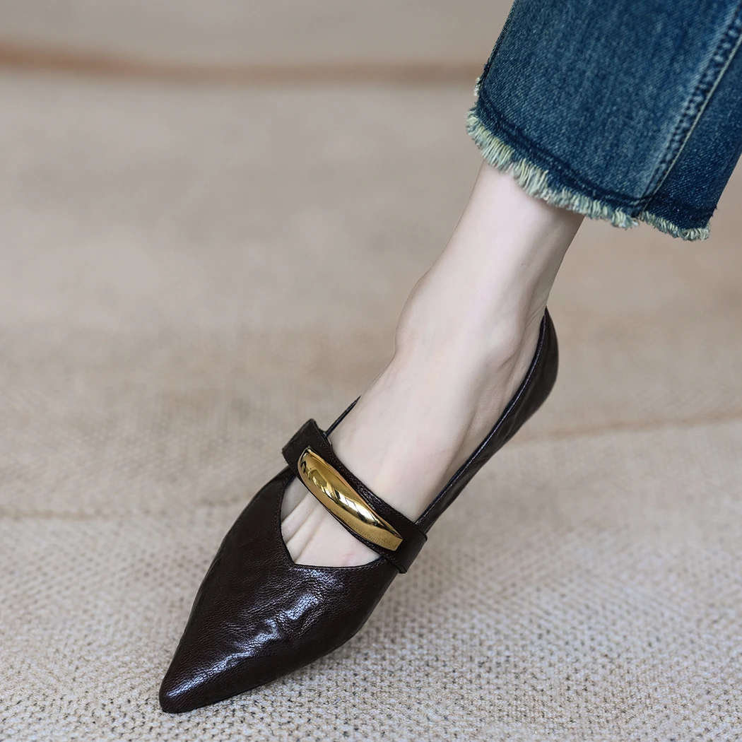 2025新款羊皮单鞋女浅口一字带气质显瘦金属扣尖头玛丽珍鞋