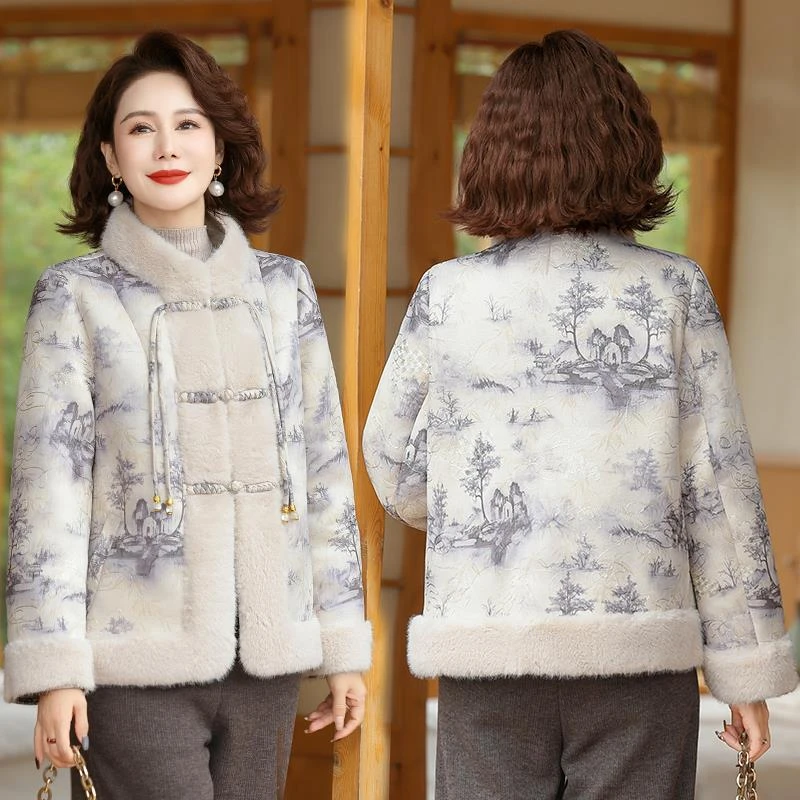 皮尔卡丹新中式妈妈春秋装貂绒皮草外套2025新款中老年国风皮毛一