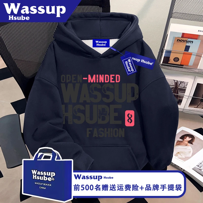 WASSUP HSUBE美式男女款连帽套头上衣字母印花秋冬季藏青流行卫衣