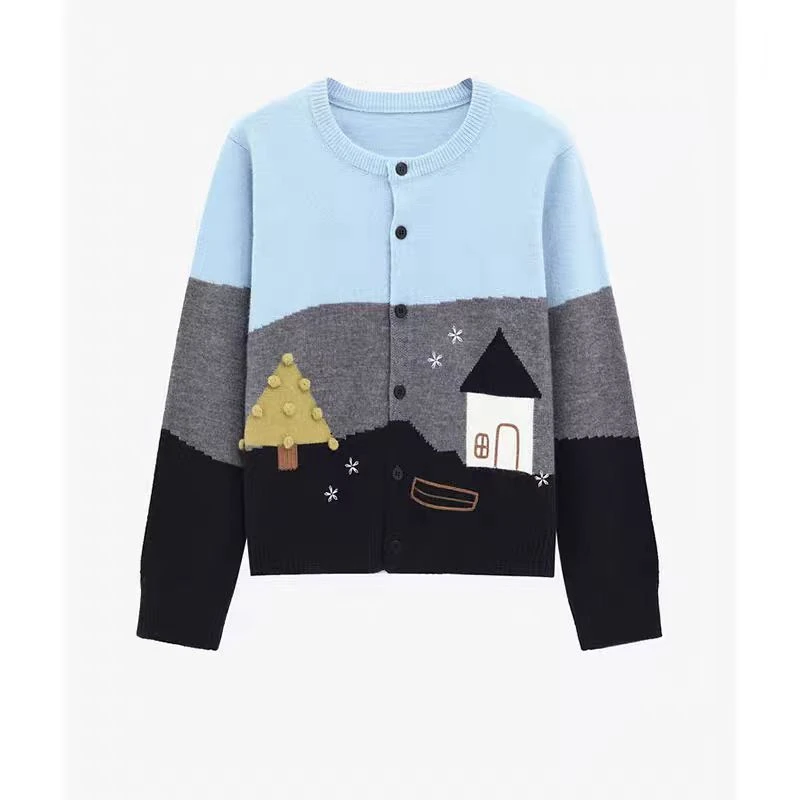 2024秋冬新款长袖百搭时尚圆领韩版撞色休闲宽松针织开衫A039