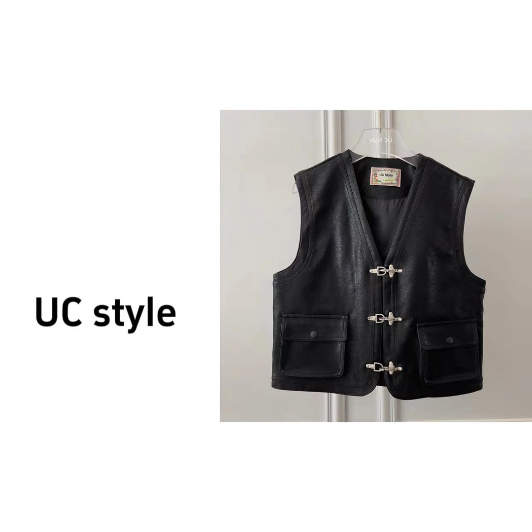 A5064金属扣小方兜PU马甲主播穿S码