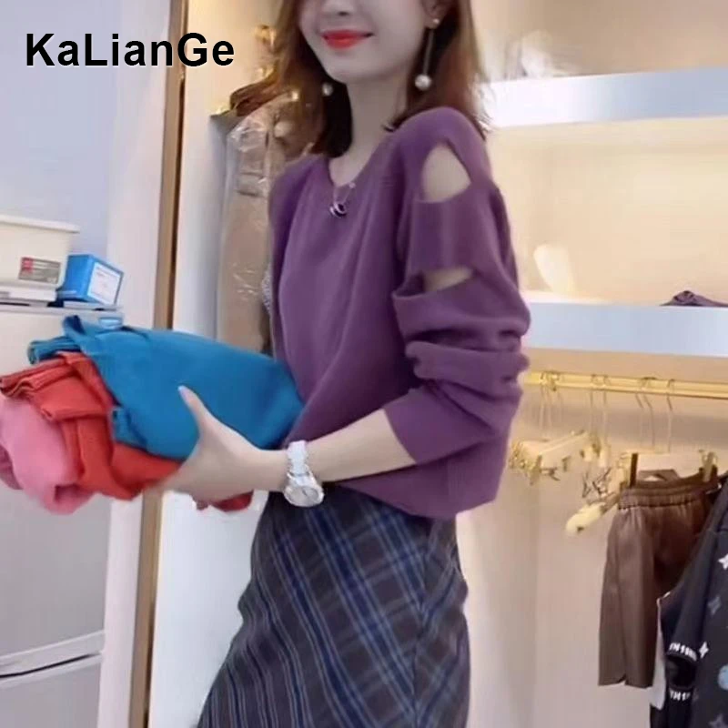 卡莲格/设计感修身漏肩长袖上衣女早秋季胖mm百搭显瘦针织衫毛衣