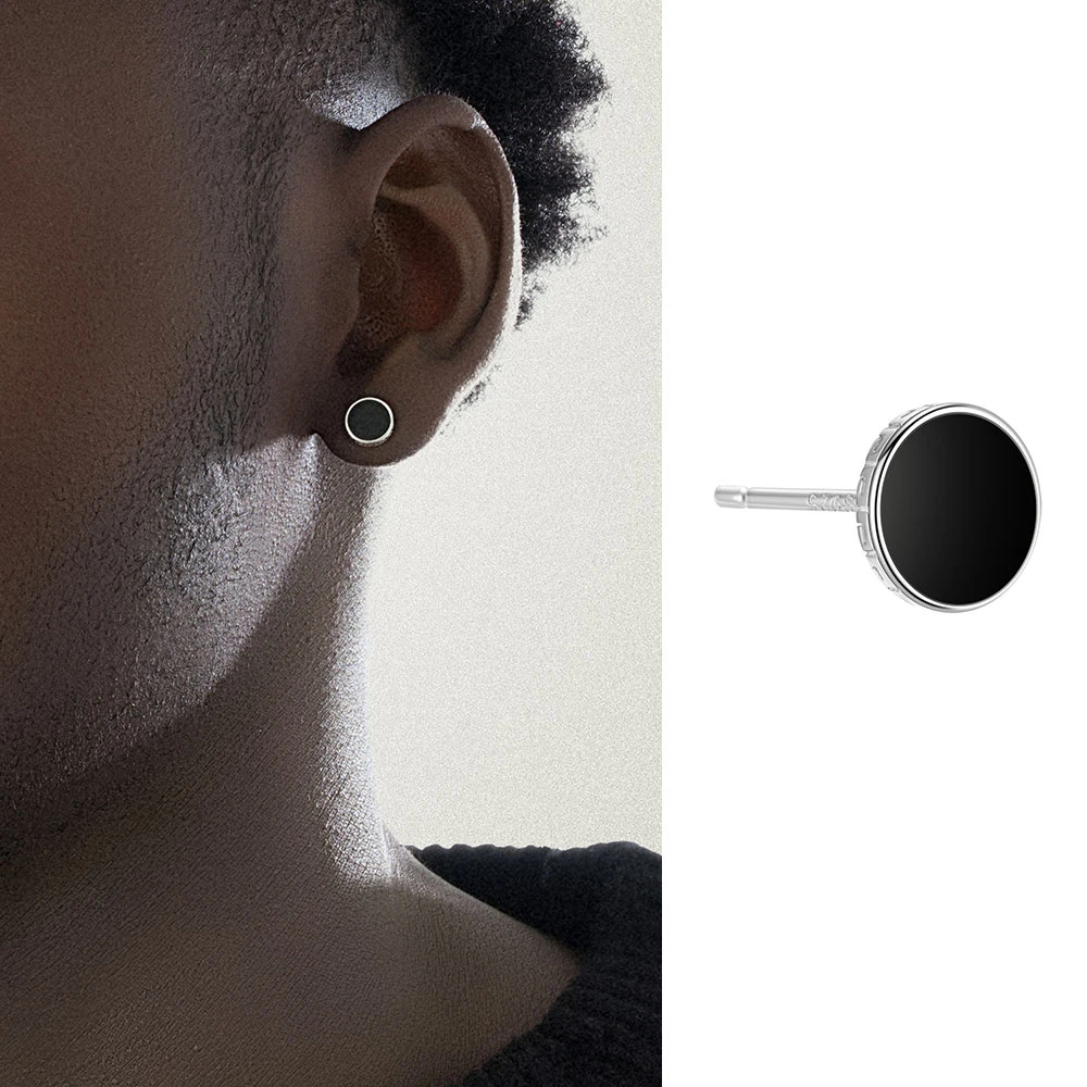 ACITY 925银耳饰 喜城纯银简约黑色圆圈耳钉男小众设计高级感耳环