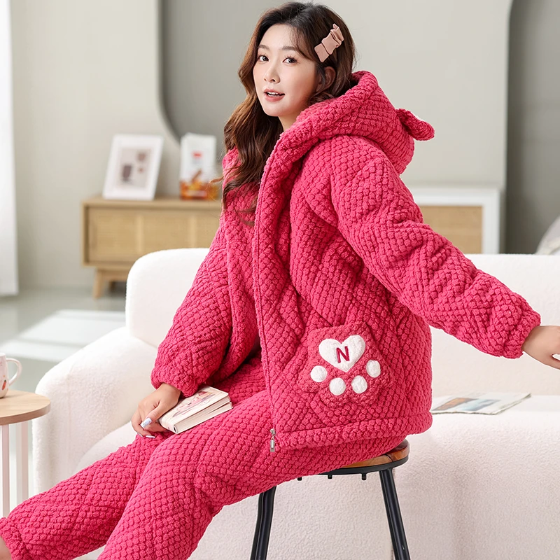 【宠粉福利】睡衣女冬季拉链连帽三层加绒加厚夹棉保暖家居服外穿