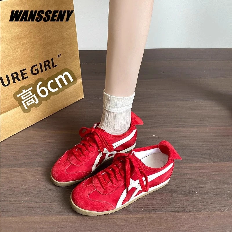 WANSSENY2025年内增高德训鞋小个子真皮阿甘鞋透气休闲运动小白鞋