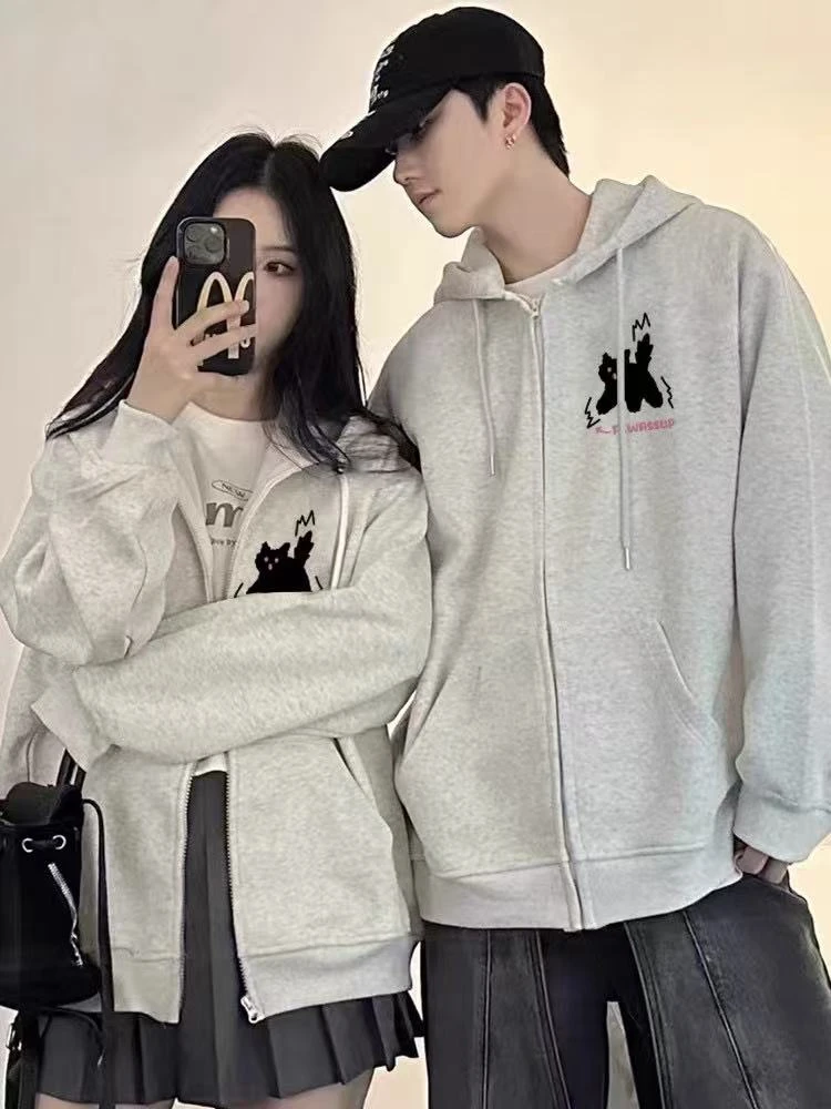 100%纯棉韩系洋气减龄连帽开衫卫衣女秋冬宽松慵懒多巴胺加绒外套