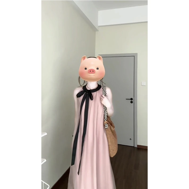 早春季薄款法式简约女装高级感氛围感甜美优雅黑粉配色飘带连衣裙