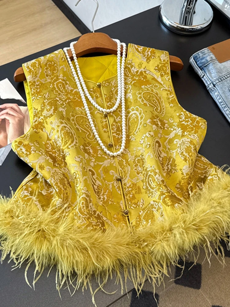 新中式厚马甲女外穿秋冬毛毛国风外套无袖坎肩背心提花上衣马夹