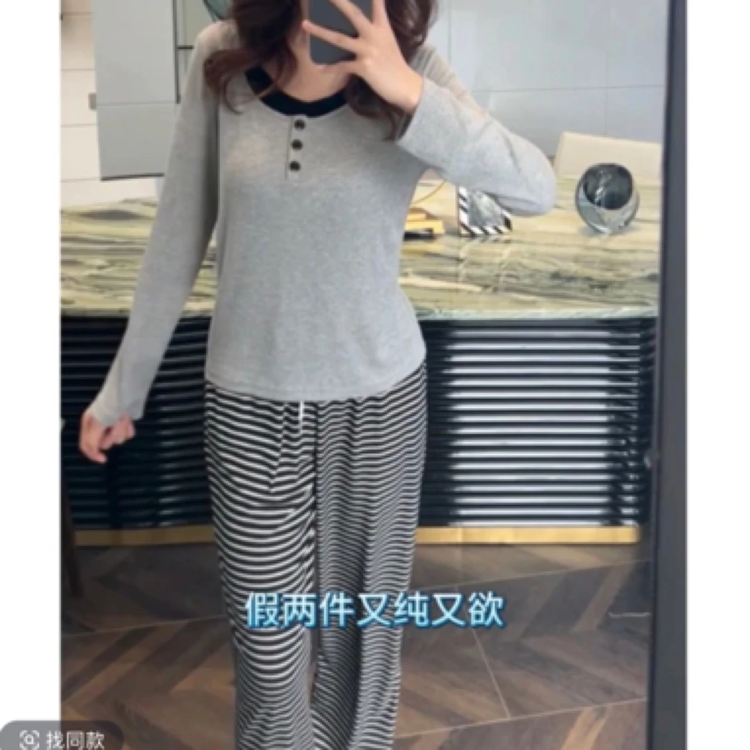 春秋冬睡衣女带胸垫代尔棉显瘦甜辣风套装长裤长袖家居服