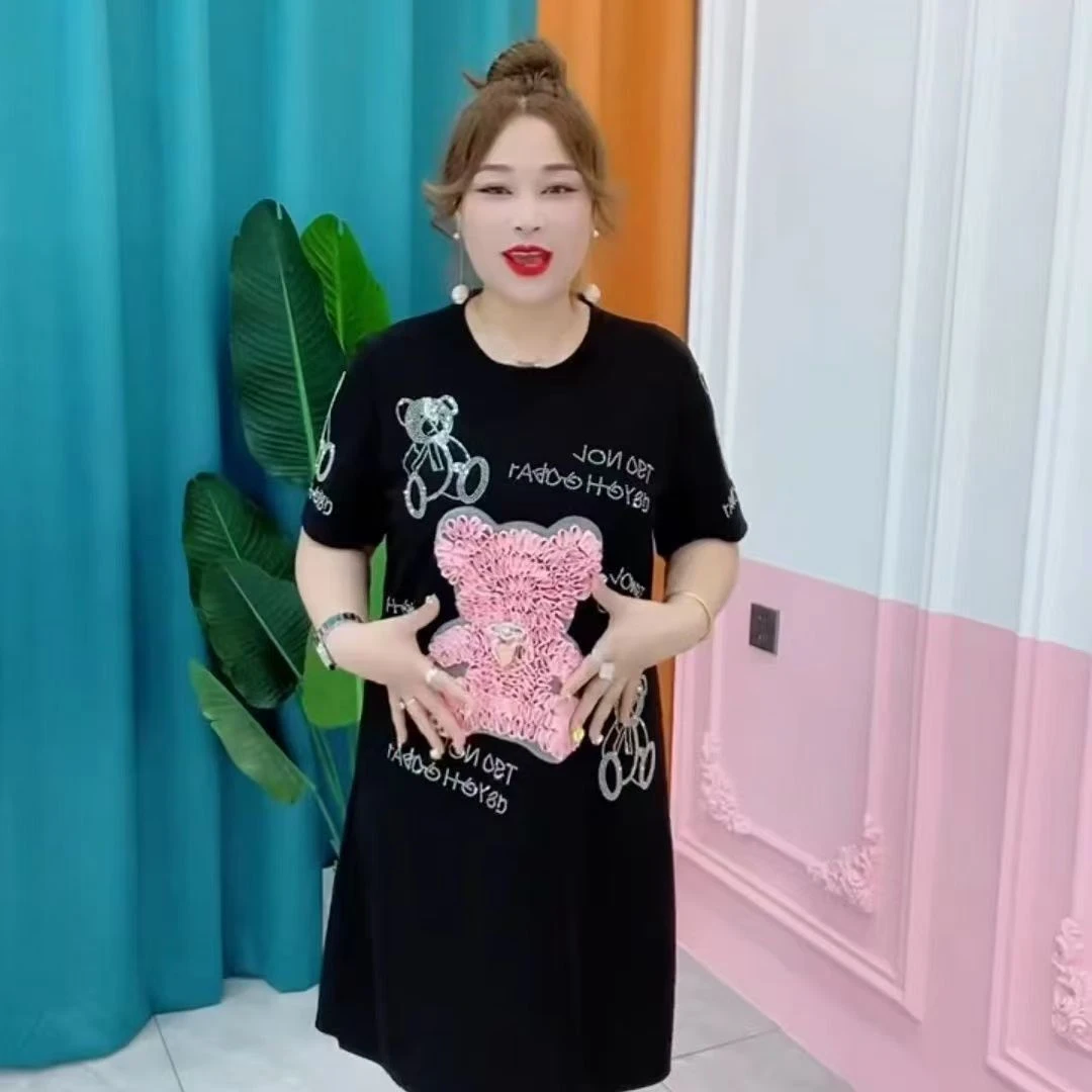 大码女装2025 胖MM春夏季新款短袖圆领小熊烫钻中长款T恤连衣裙女