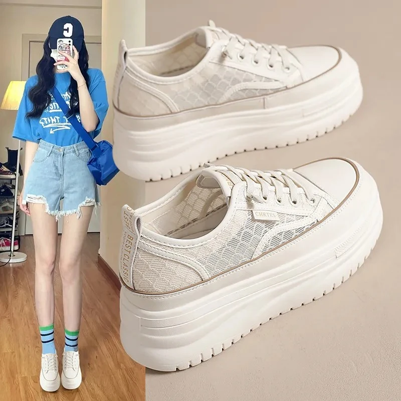 纯色网面网红夏季休闲鞋增高显脚小时尚休闲鞋镂空小白鞋透气厚底