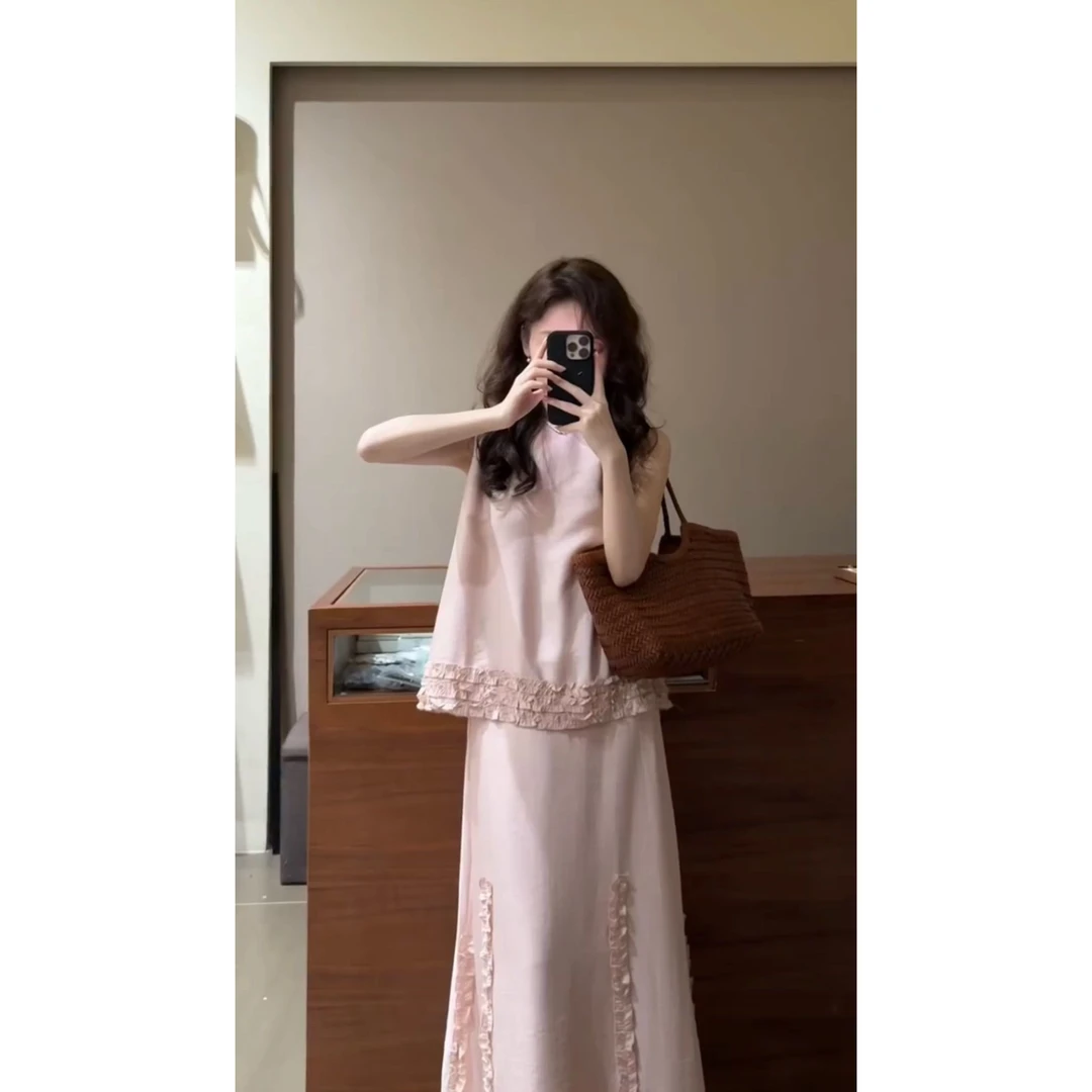 2025夏季新款法式温柔木耳边花边无袖背心上衣高腰半身裙两件套装