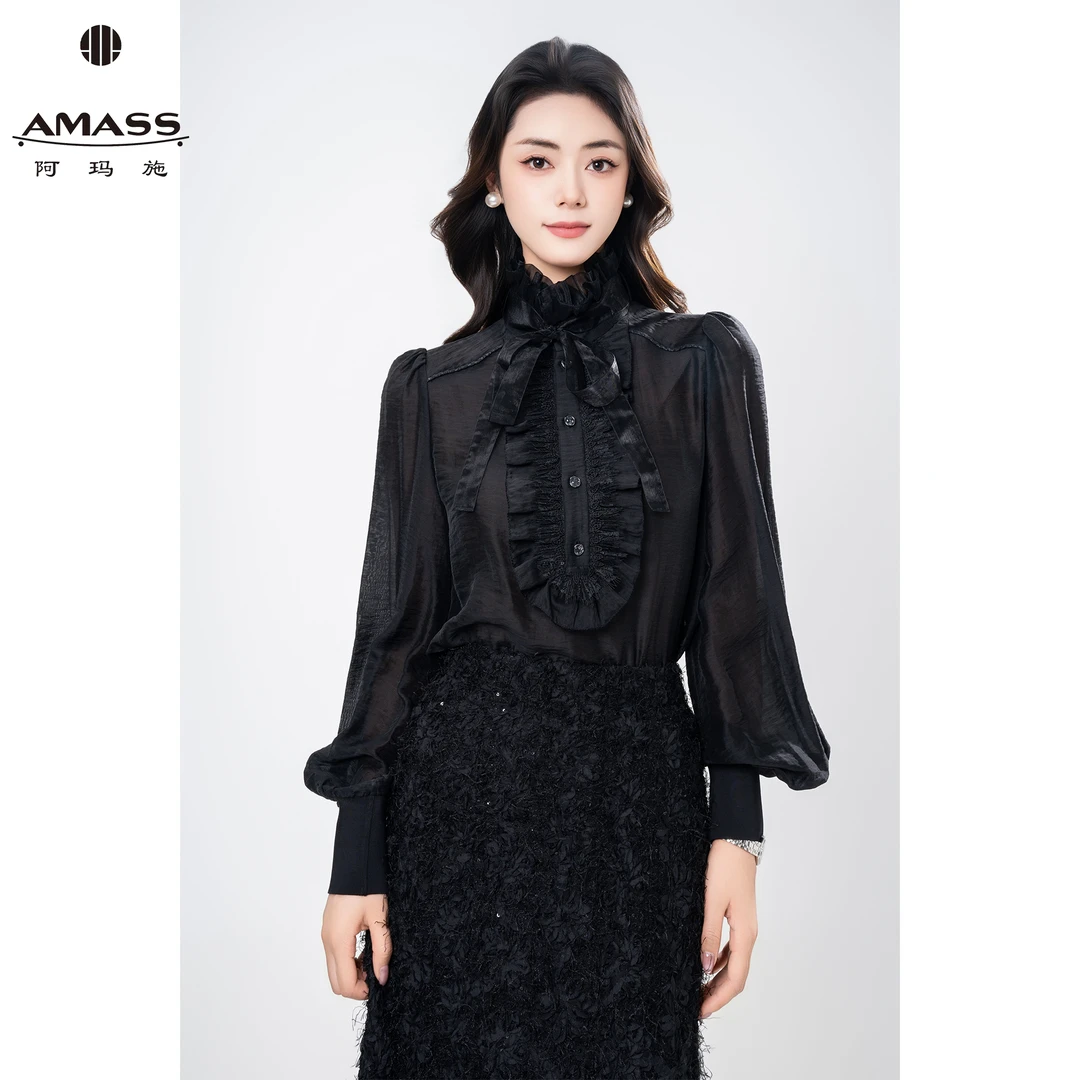AMASS/阿玛施春夏气质宫廷领花边优雅飘带衬衫百搭泡泡袖 5301033
