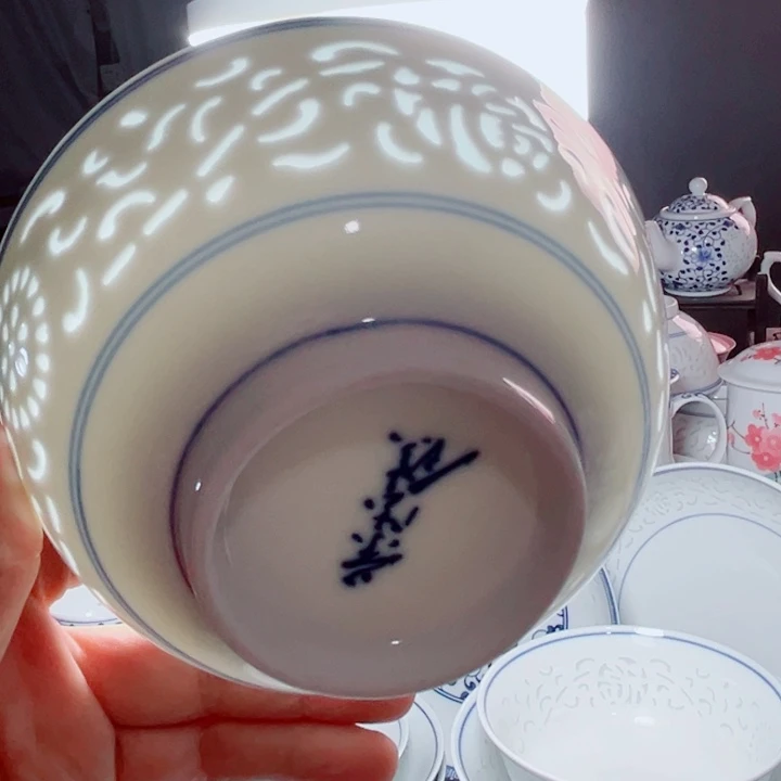 青花玲珑5寸饭碗满雕双福双线
