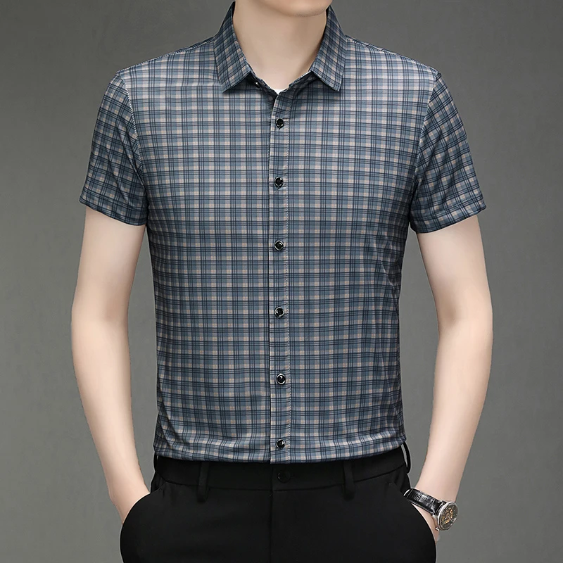 短袖男男士格子男士免熨格子衬衫男装高档衬衣中年时尚无痕