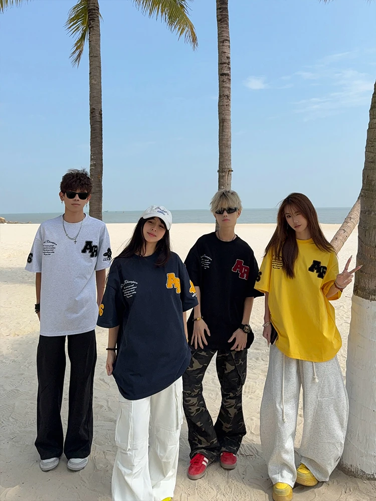 126KID 原创美式重工刺绣短袖T恤男女潮牌夏季新款宽松情侣上衣