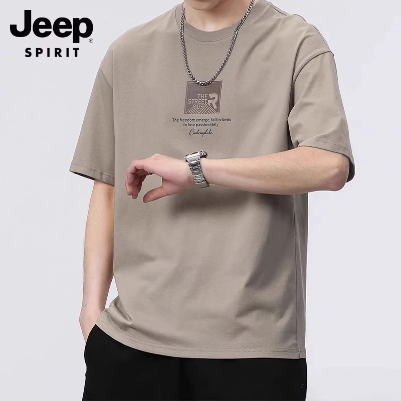 吉普男士春夏季百搭圆领宽松休闲t恤潮流纯棉男式轻奢痞帅男装