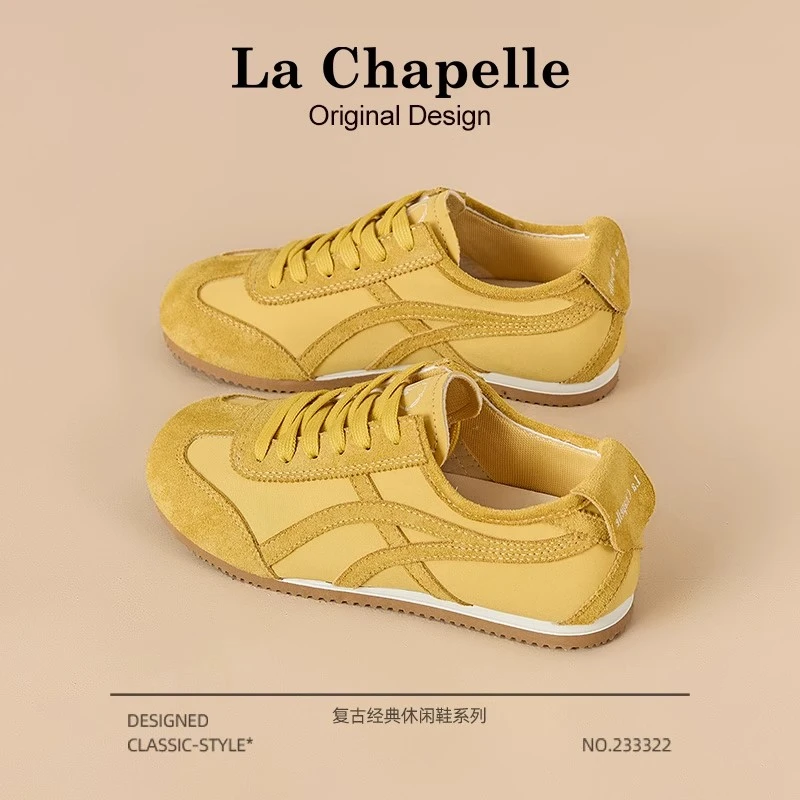 拉夏贝尔黄色德训鞋女2025新款冬季薄款轻便透气百搭休闲运动鞋子