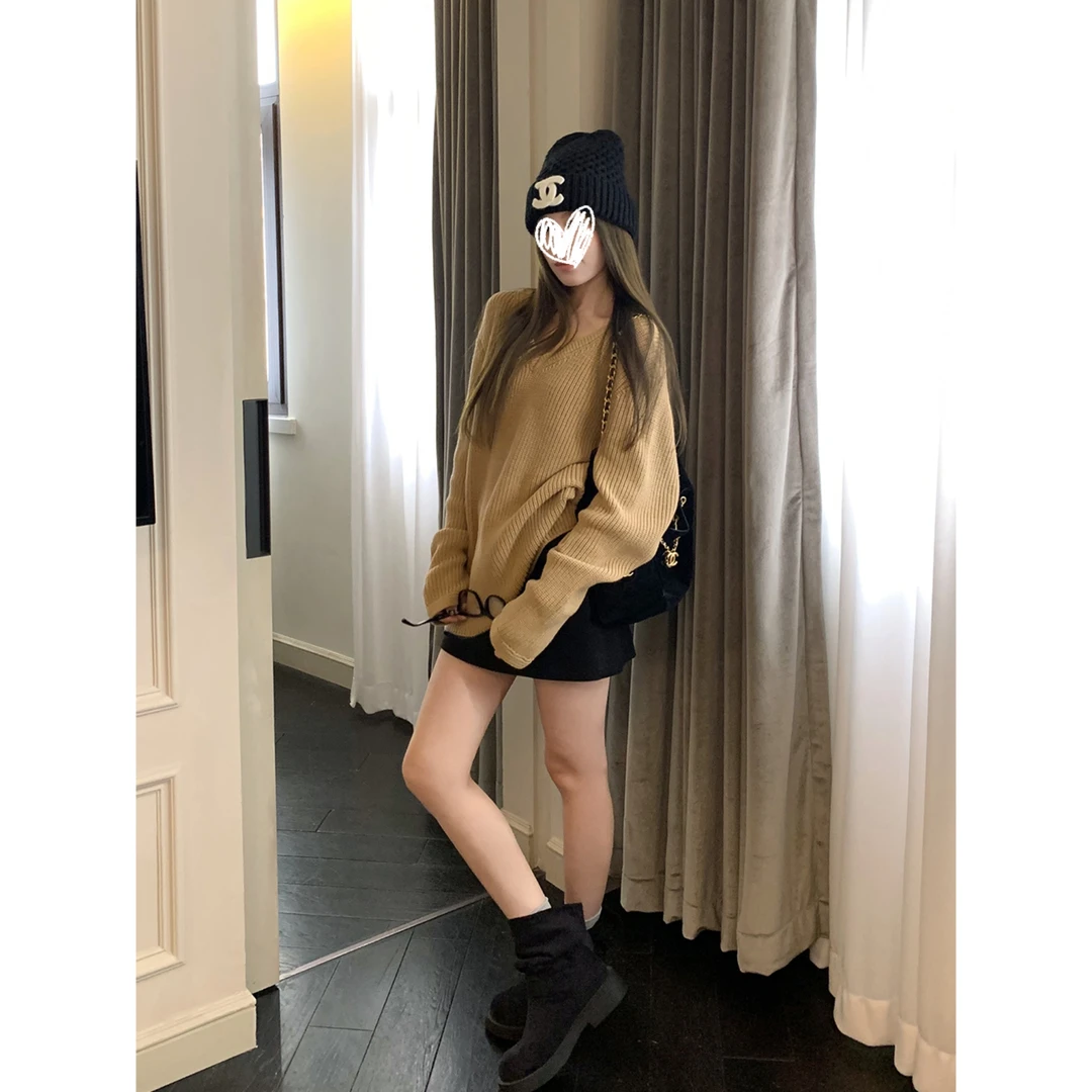 早秋新款韩系温柔慵懒风宽松显瘦v领毛针织衣上衣Y3678