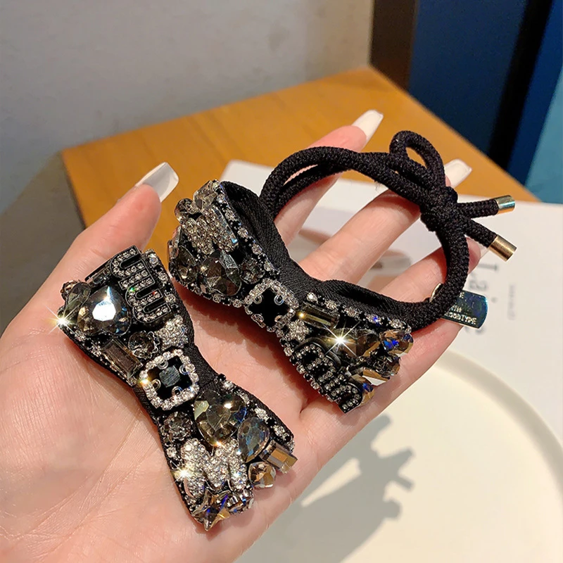 韩国东大门时尚小众设计重工水钻蝴蝶结发夹发绳高级感百搭发饰品