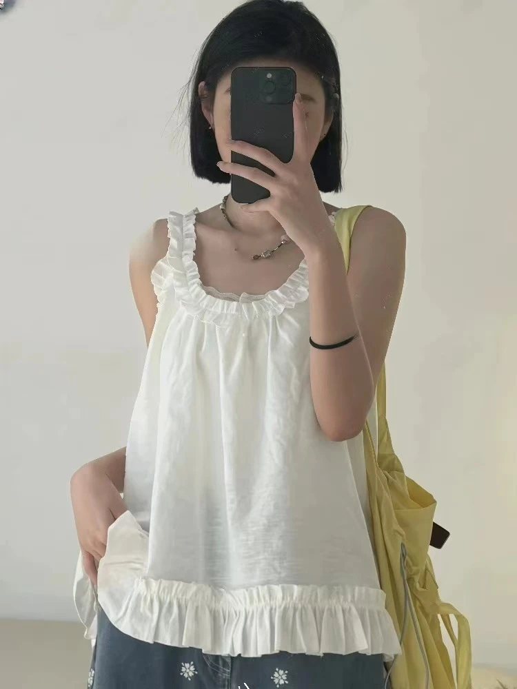 【叠穿神器】法式小众纯欲风通勤木耳蕾丝抽褶宽松无袖吊带背心