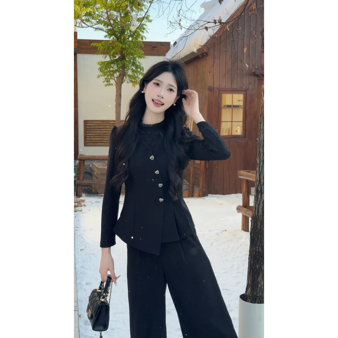 《星芒缀衣》设计感时尚气质拼接上衣+窄版阔腿裤两件套套装