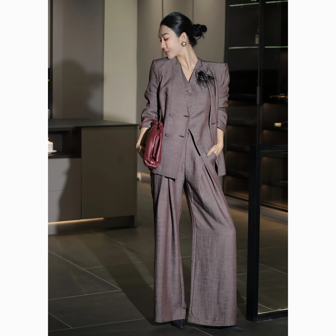 ZEROYK老钱风气质职业套装高级感立体花朵宽松西装马甲长裤四件套